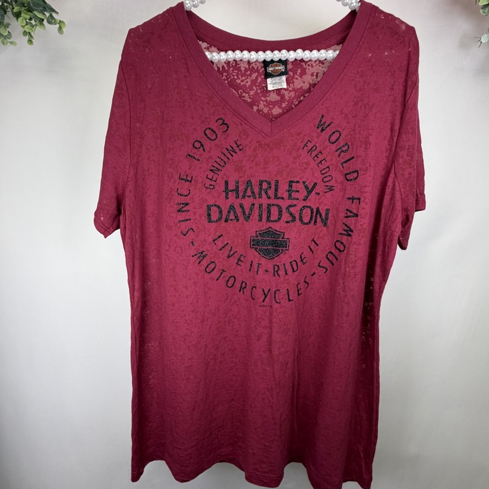Harley Davidson Women's V Neck  y2k T Shirt Glitter Circle Logo Sheer Fabric XL